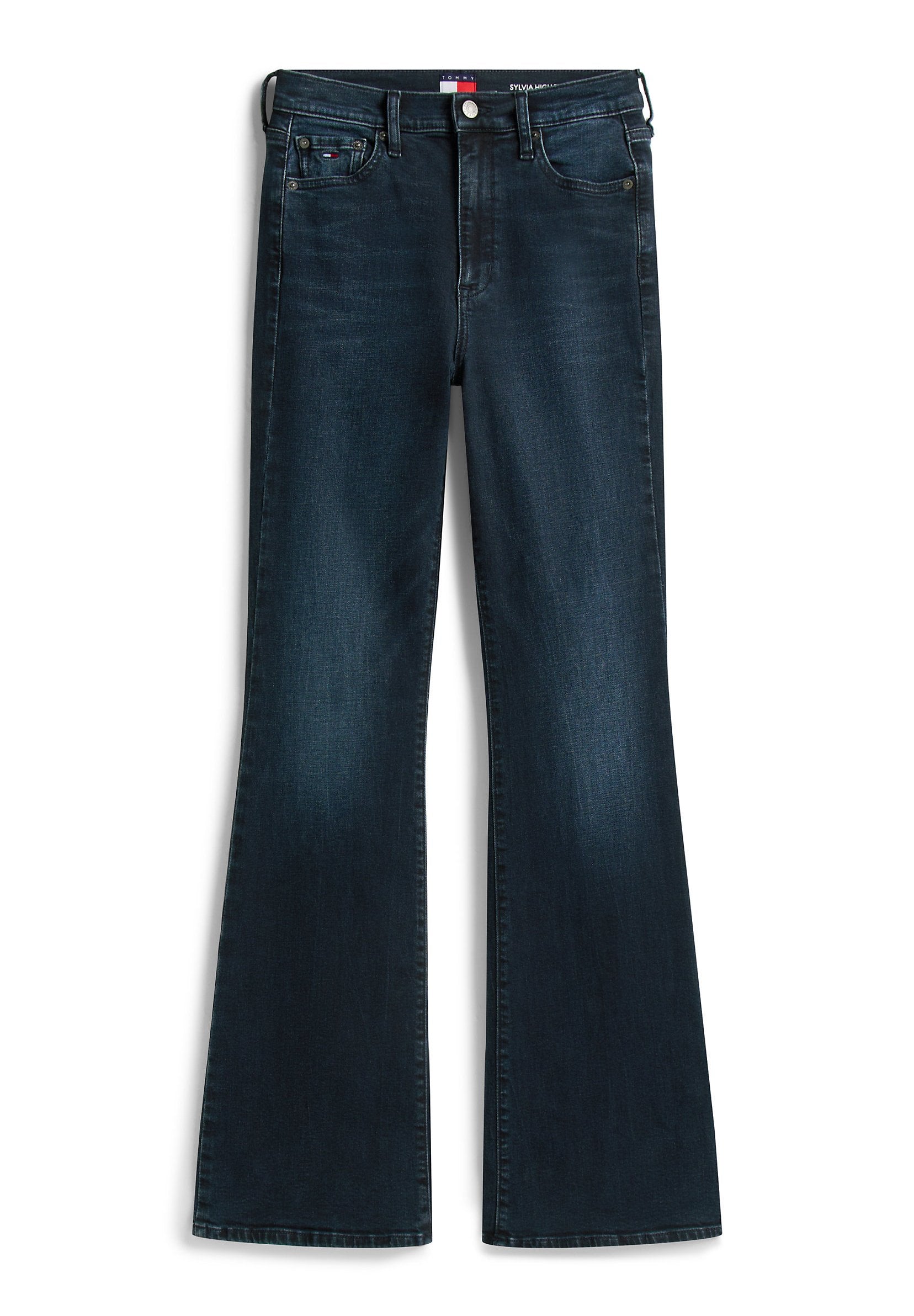 Dunkelblaue High-Waist Schlagjeans mit vorderen Taschen, Reißverschluss, Knopfverschluss und dezenten Ausbleichungen.