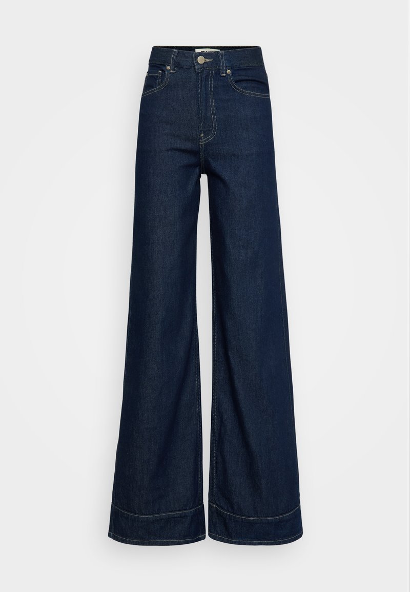 Dunkelblaue High-Waist-Weitbein-Jeans mit vorderen Taschen, Gürtelschlaufen, Knopfverschluss und sichtbaren Nähten auf weißem Hintergrund.