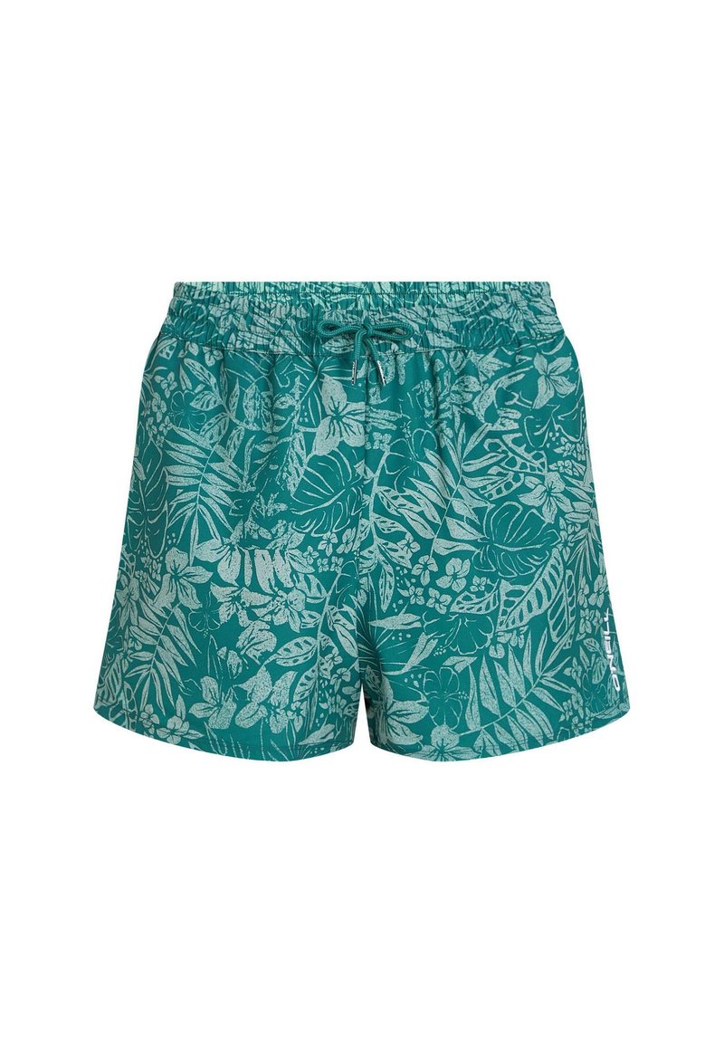 Shorts mit elastischem Bund in Türkis mit weißem Blumenmuster. Verfügt über einen Kordelzug und seitliche Öffnungen für zusätzlichen Komfort.