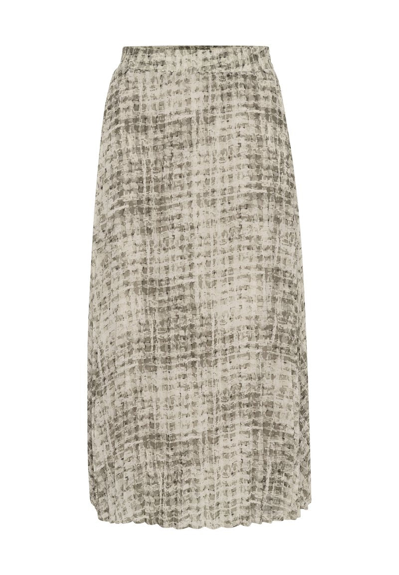 Maxirock aus leichtem Stoff, mit einem beigen und grauen abstrakten Muster, elastischem Bund und gefaltetem Design für zusätzliche Textur.