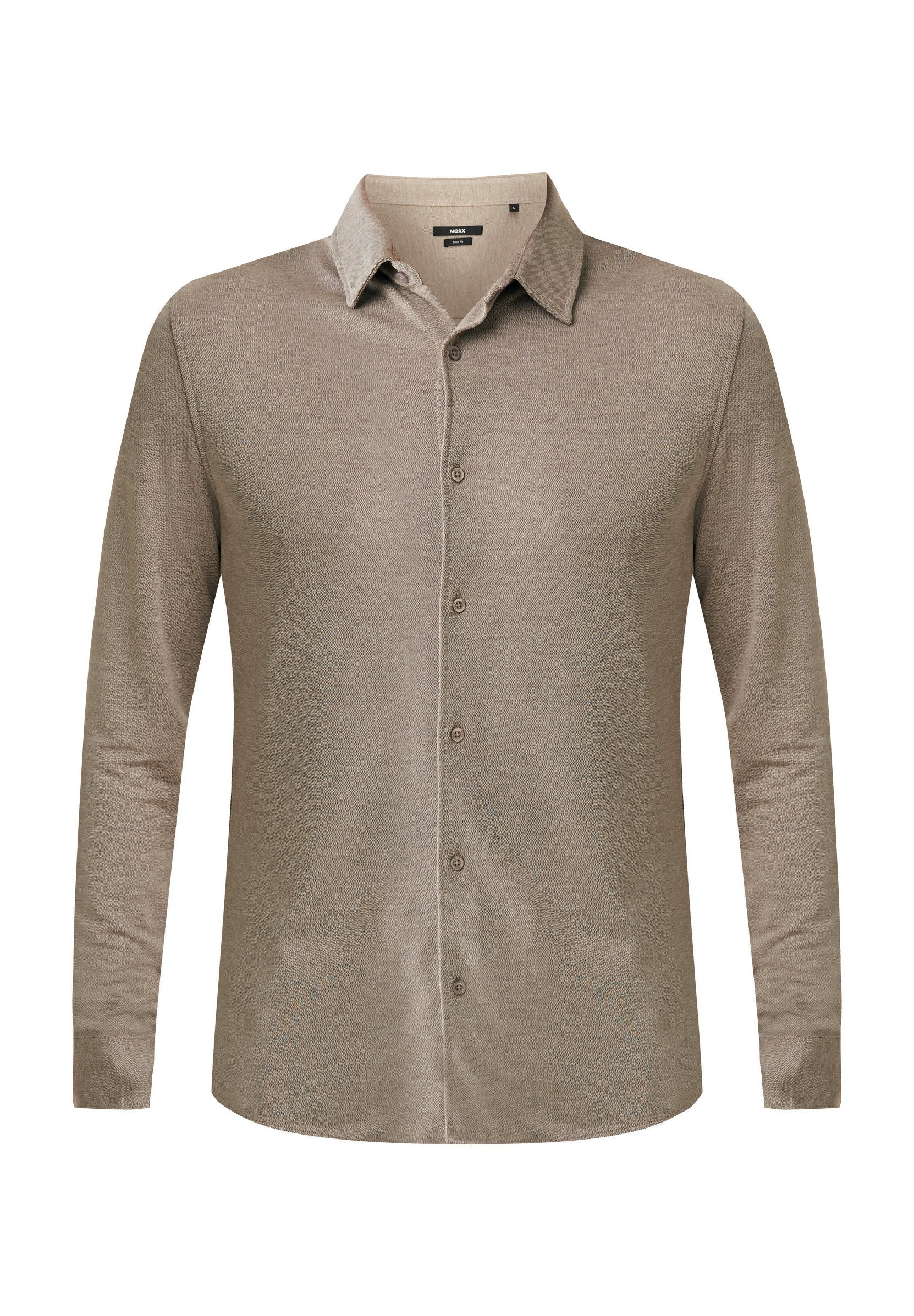 Beige Langarmshirt, mit Knopfleiste, weichem Material, dezentem Glanz und klassischem Kragen. Verfügt über gleichmäßig angeordnete Knöpfe entlang der Vorderseite.