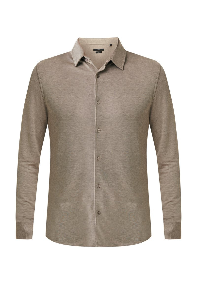 Beige Langarmshirt, mit Knopfleiste, weichem Material, dezentem Glanz und klassischem Kragen. Verfügt über gleichmäßig angeordnete Knöpfe entlang der Vorderseite.