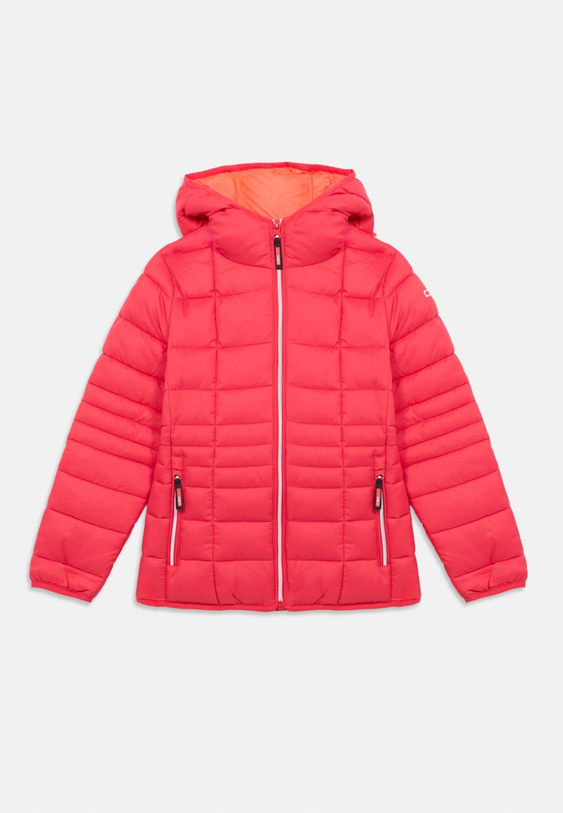 Rote Steppjacke mit Kapuze, mit gesteppter Optik, Frontreißverschluss und zwei seitlichen Taschen mit Reißverschluss. Innen in kontrastierender Farbe.