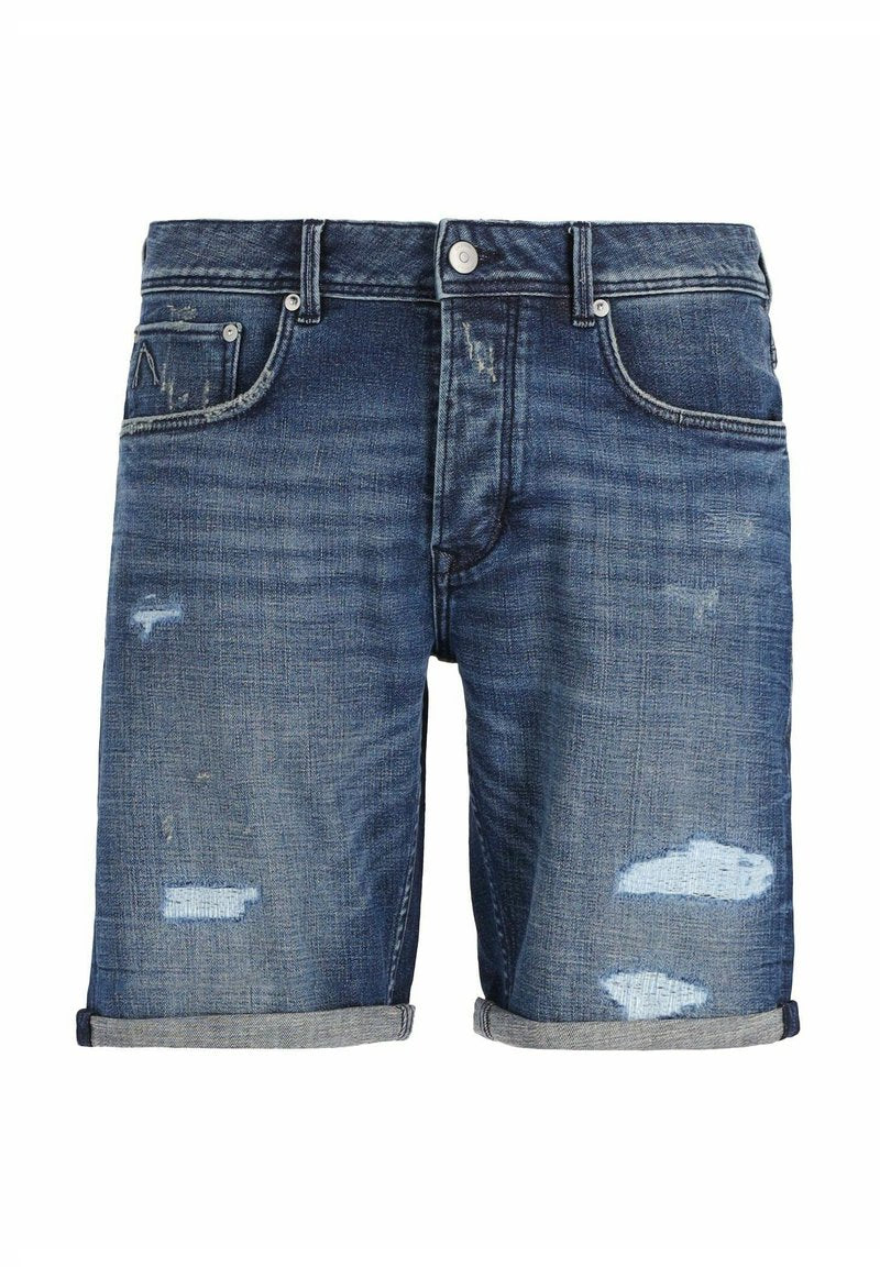 Dunkelblaue Denim-Shorts mit abgenutzten Stellen und umgeschlagenem Saum. Verfügt über fünf Taschen und metallene Verschlüsse.