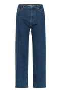 Hoch geschnittene, weite Jeans aus dunkelblauem Denim. Verfügt über ein klassisches Fünf-Taschen-Design und kontrastierende Nähte entlang der Nähte.