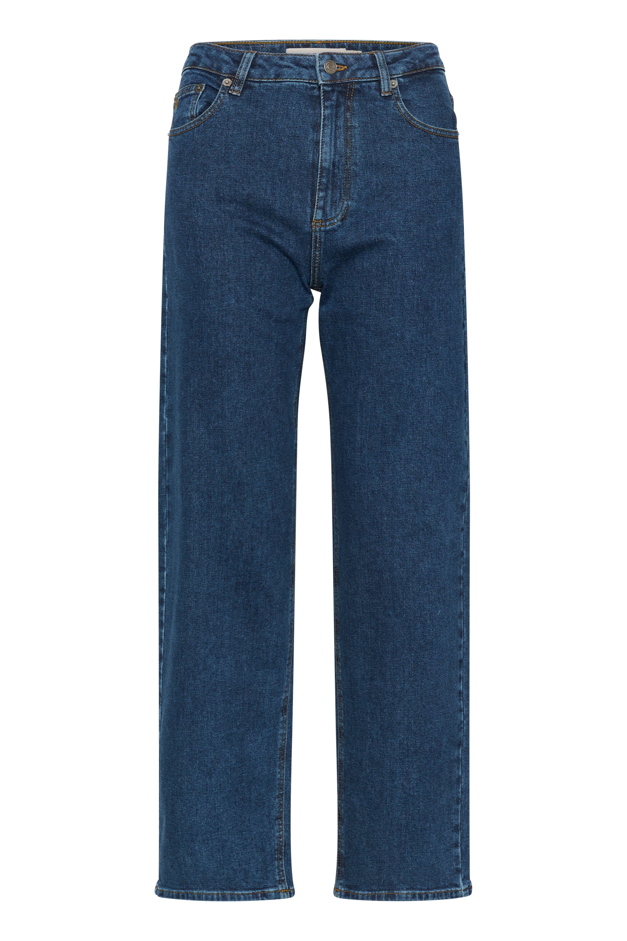 Hoch geschnittene, weite Jeans aus dunkelblauem Denim. Verfügt über ein klassisches Fünf-Taschen-Design und kontrastierende Nähte entlang der Nähte.