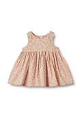 Ärmelloses Baby-Kleid mit pink-beigefarbenem Blumenmuster, gerafftem Bund und rundem Ausschnitt auf weißem Hintergrund.