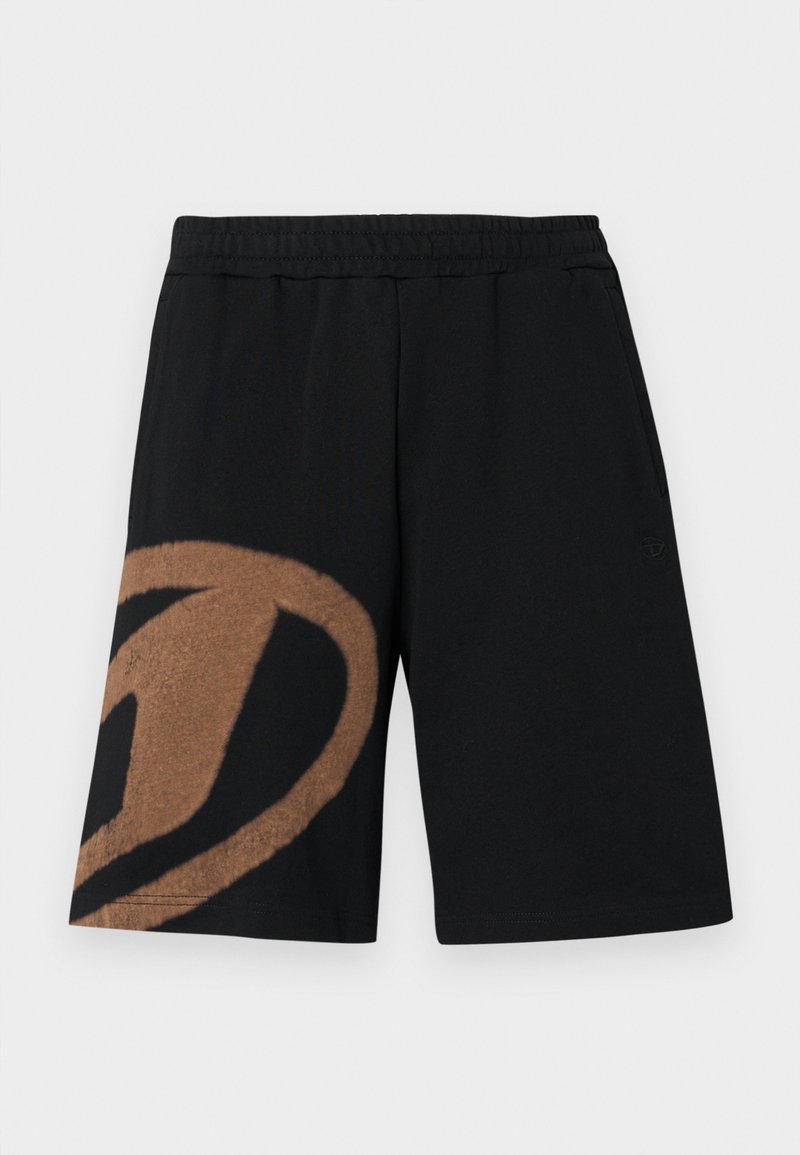 Schwarze Shorts mit elastischem Bund, großem braunem abstraktem Motiv am linken Bein und seitlichen Taschen.
