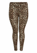 Leggings mit Leopardenmuster, die einen beigen Hintergrund mit braunen und schwarzen Flecken zeigen, hergestellt aus einem dehnbaren Stoff für eine anliegende Passform.