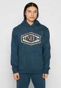 Teal Kapuzenpullover aus weichem Stoff mit einem großen O'Neill-Logo in einem geometrischen Muster auf der Vorderseite, ausgestattet mit einer Kängurutasche und Kordelzügen.