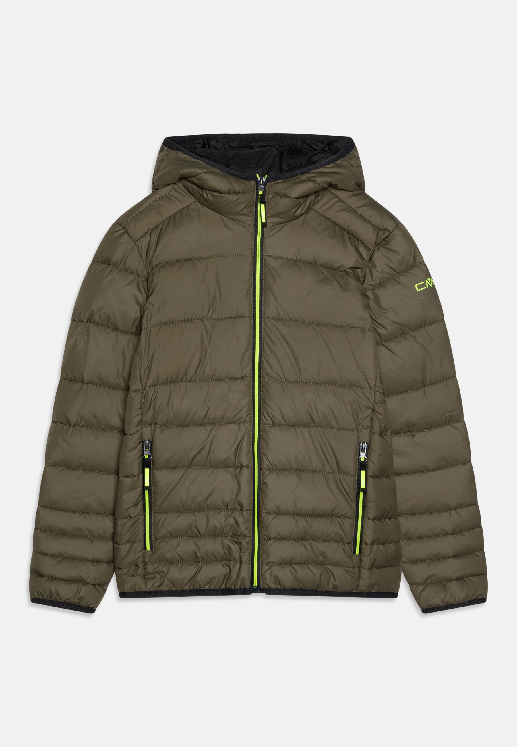 Olivgrüne Pufferjacke mit Kapuze, Reißverschlussfront und schwarzen Akzenten. Verfügt über vertikale Nähte und kontrastierende neongrüne Reißverschlusdetails.