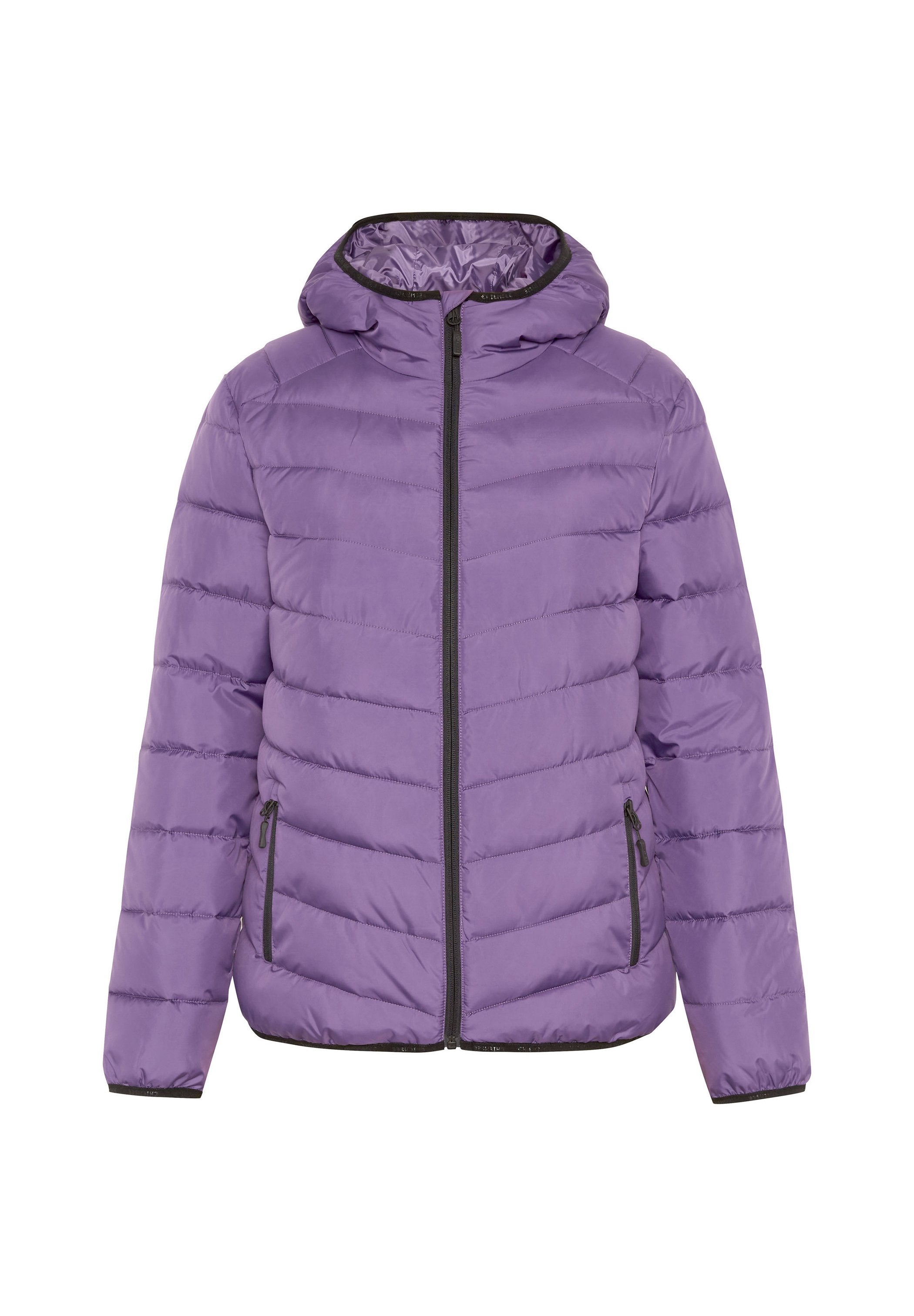 Lila aufgeblasene Jacke mit Kapuze, im gesteppte Design, mit einem Reißverschluss vorne und zwei Seitentaschen. Schwarze Besätze akzentuieren die Kanten.