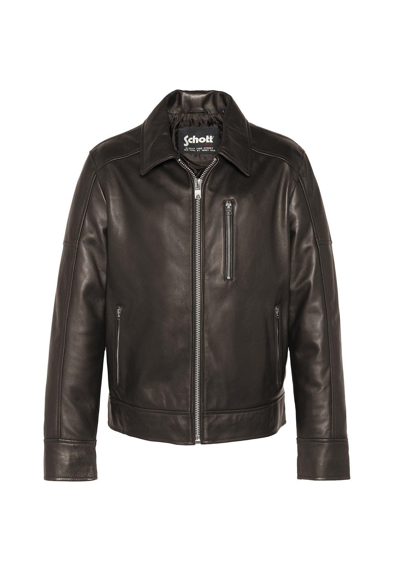 Schwarze Lederjacke mit Frontreißverschluss, spitzem Kragen und zwei Seitentaschen. Verfügt über eine horizontale Brusttasche und eine glatte Textur.
