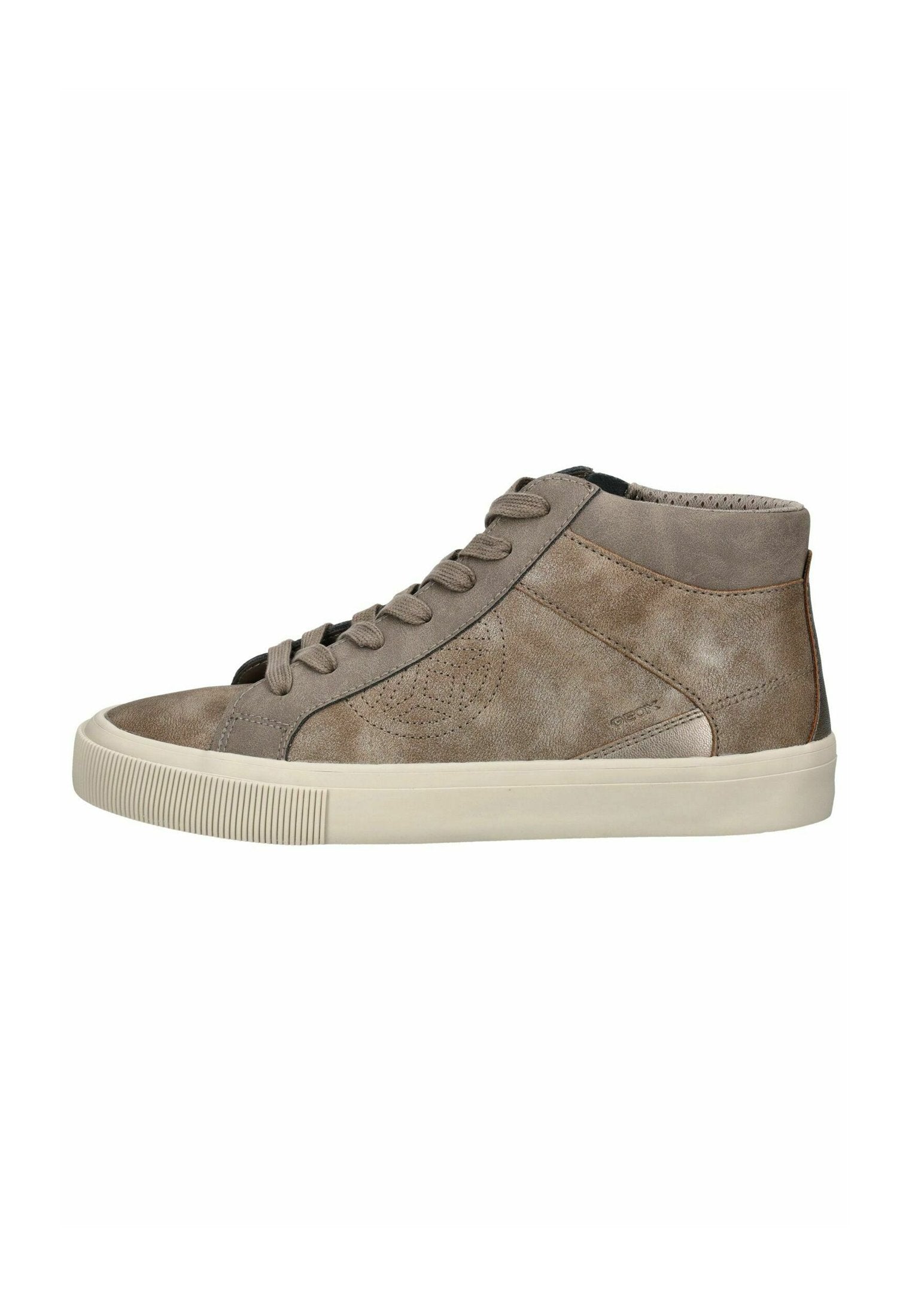 Braune High-Top-Sneaker aus Wildleder mit Schnürung und strukturierter Gummisohle. Besitzt eine glatte Oberfläche und dezente Details an den Seiten.