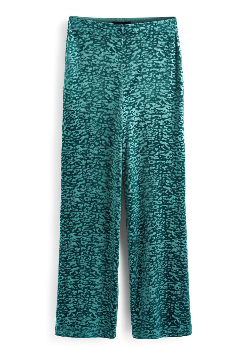 Taillierte, weite Velours-Hosen in Teal mit einem strukturierten Tiermuster. Elastischer Bund für Komfort und mit einer glatten Oberfläche.
