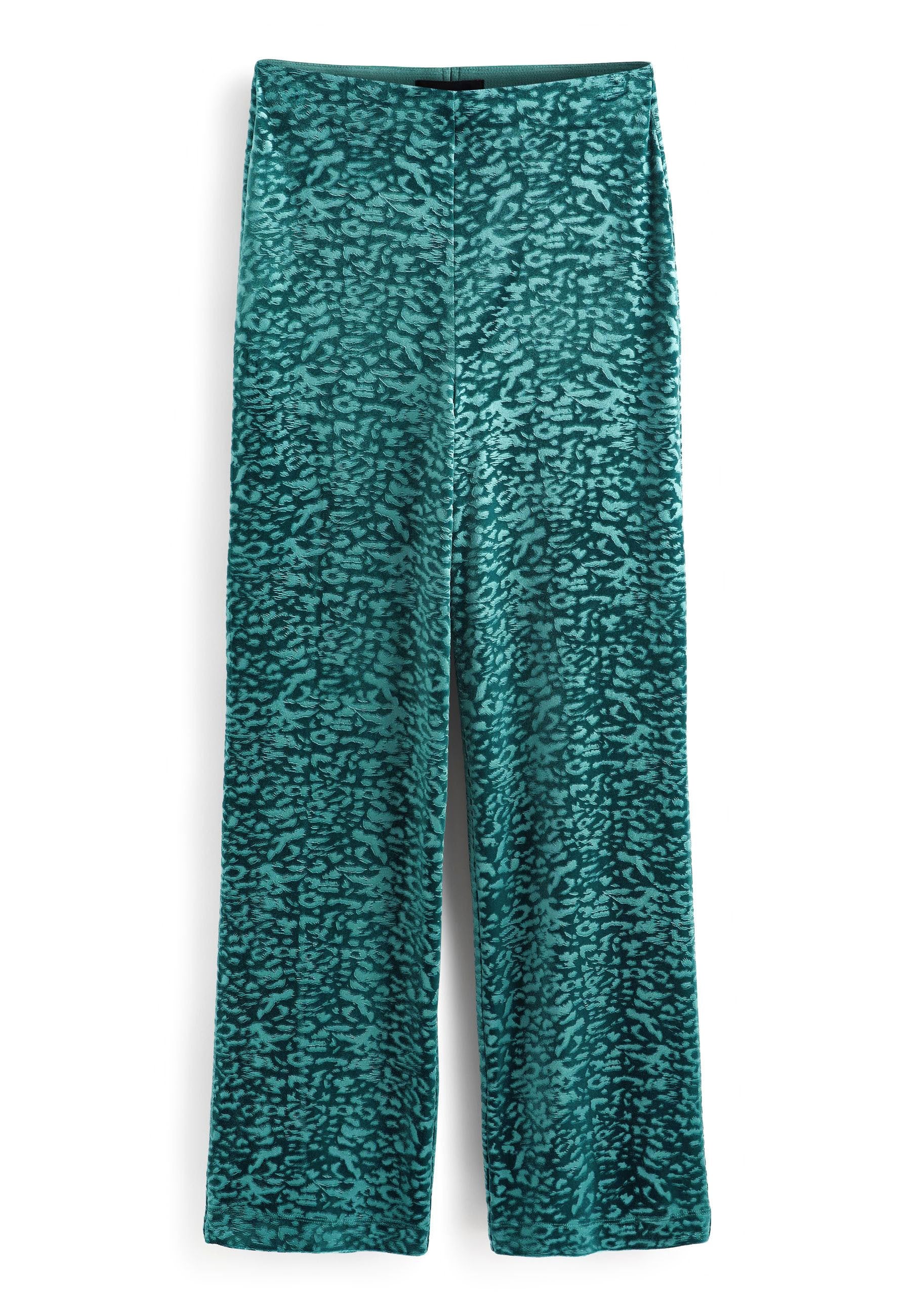 Taillierte, weite Velours-Hosen in Teal mit einem strukturierten Tiermuster. Elastischer Bund für Komfort und mit einer glatten Oberfläche.
