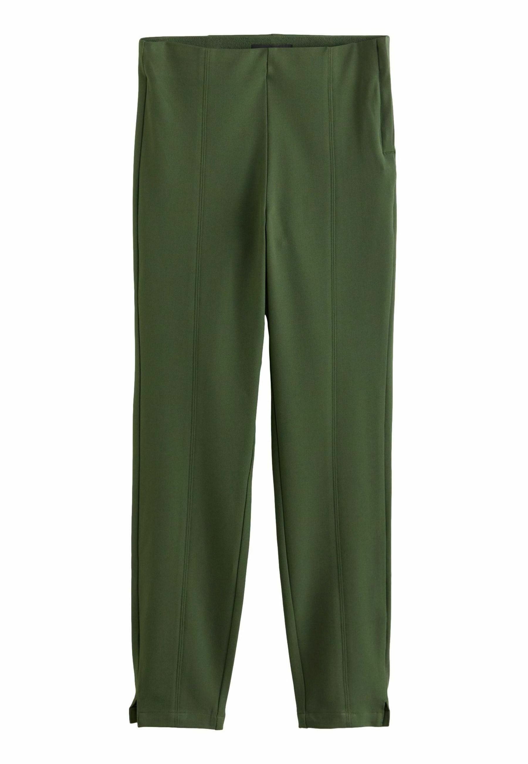 Olivengrüne, dehnbare Hose aus einem glatten Material mit vertikalen Nahtdetails und Seitentaschen, knöchellang mit Schlitzen.