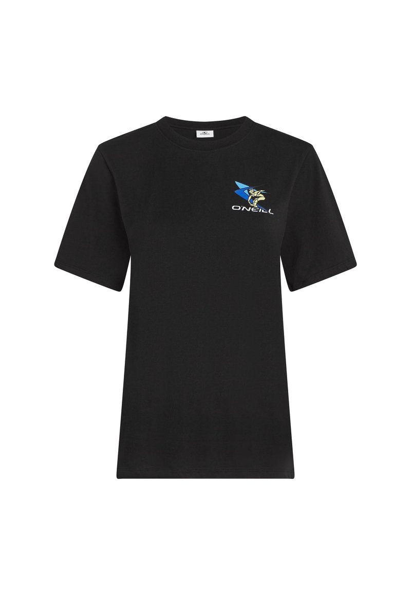 Schwarzes kurzärmeliges T-Shirt aus Baumwolle. Mit einem bunten Logo mit einem blauen Stern und einer stilisierten Figur auf der Vorderseite. Klassischer Schnitt.