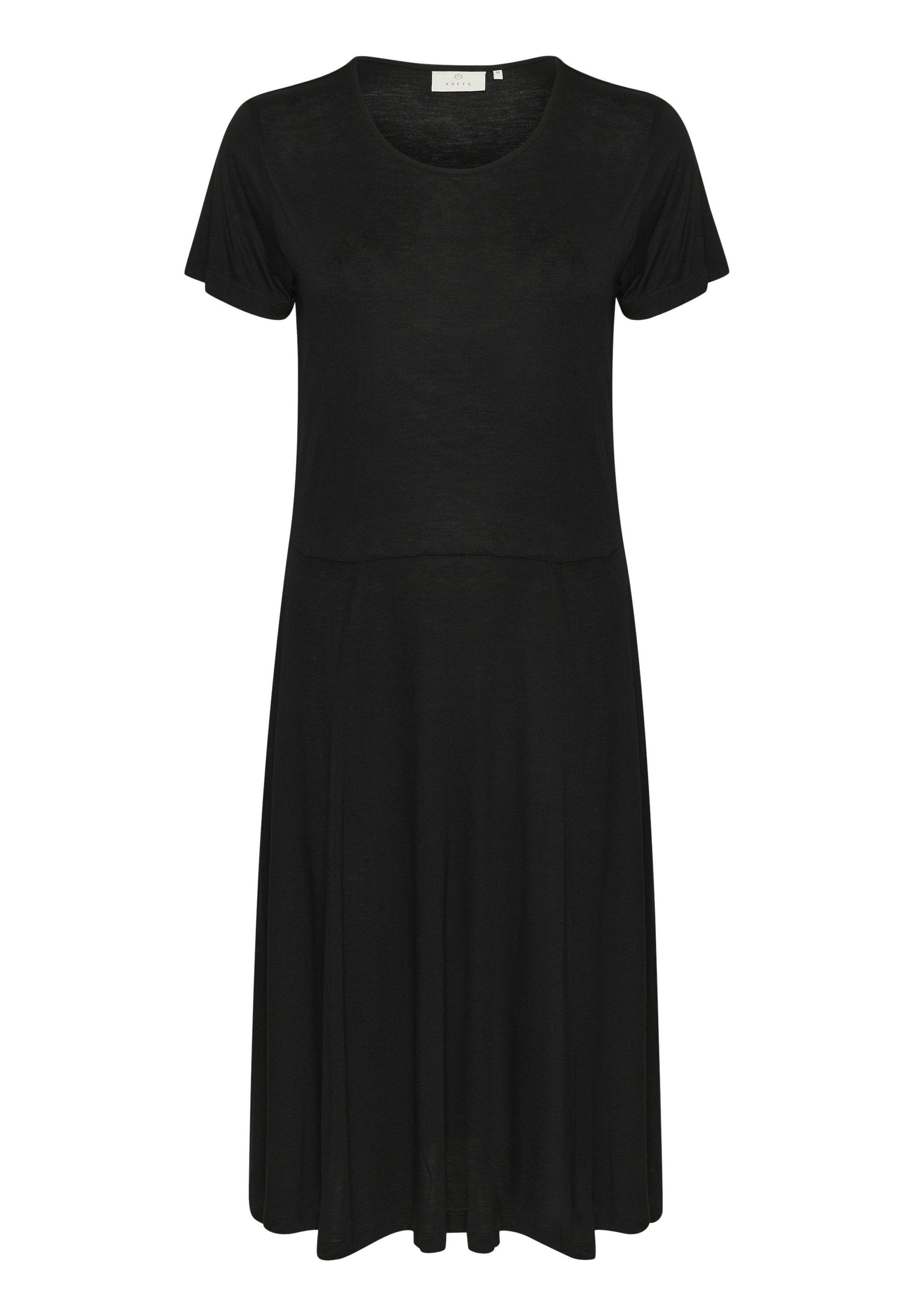 Schwarzes Kurzarmkleid mit rundem Ausschnitt, lockerer Passform und fließender A-Linie. Glattes Material ohne Muster oder Verzierungen.