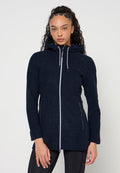 Marineblaue Fleecejacke mit Kapuze und strukturierter Oberfläche, durchgehendem Frontreißverschluss und Seitentaschen. Mit kontrastierendem Reißverschluss und Kordelzügen.