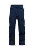 Marineblaue Skihosen mit glatter Textur, verstellbarem Bund mit Klettverschluss und schwarzen Akzenten an den Unterschenkeln für Langlebigkeit und Stil.