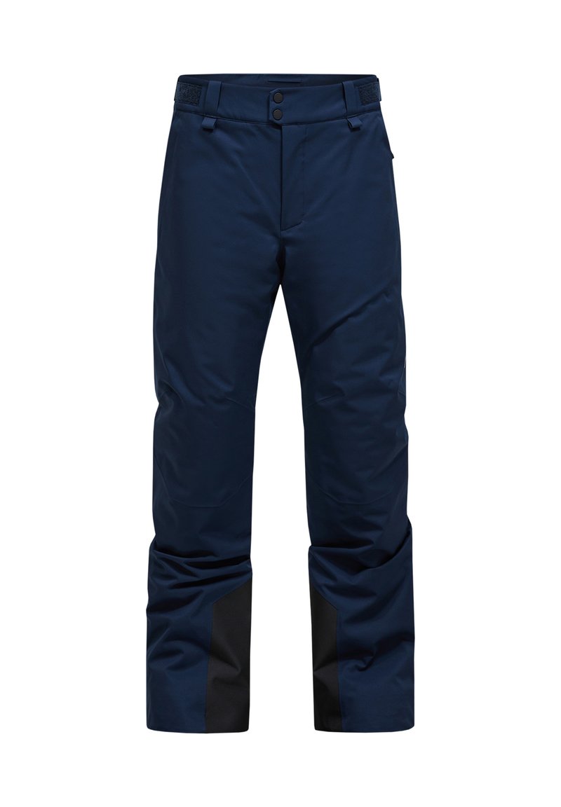 Marineblaue Skihosen mit glatter Textur, verstellbarem Bund mit Klettverschluss und schwarzen Akzenten an den Unterschenkeln für Langlebigkeit und Stil.