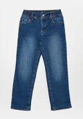 Blaue Denim-Jeans mit geradem Bein, elastischem Bund und Vordertaschen. Verfügt über ein klassisches Fünf-Taschen-Design und kontrastierende Nähte.