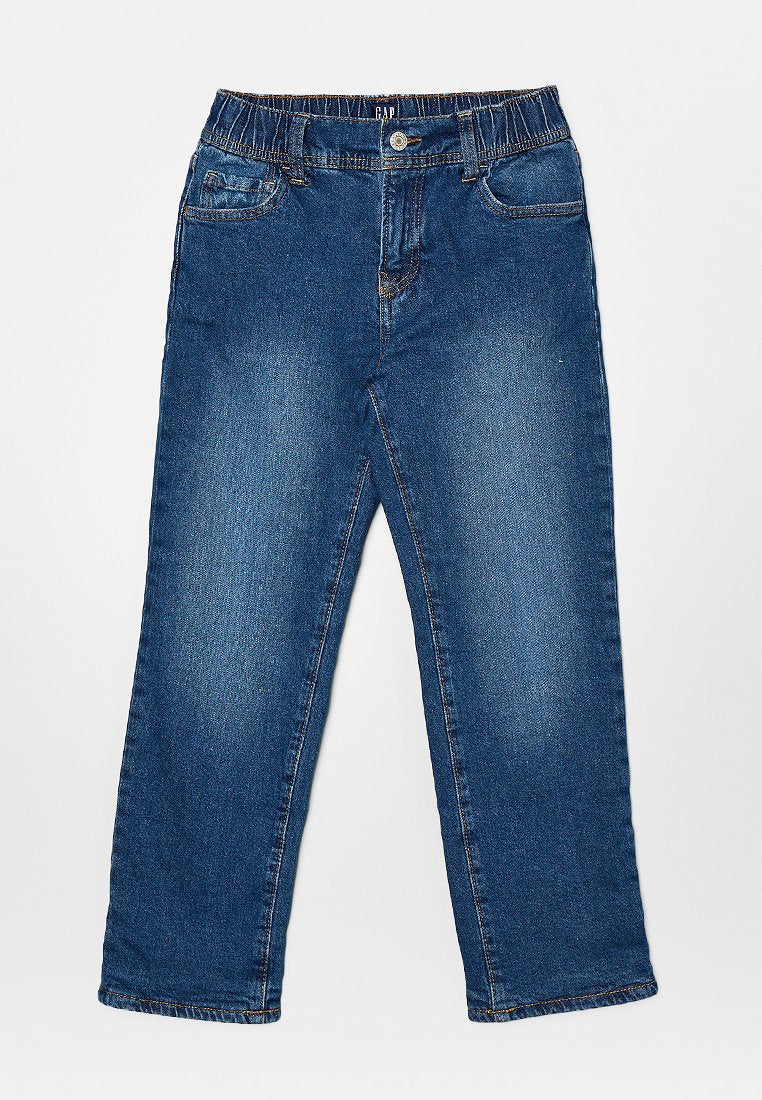 Blaue Denim-Jeans mit geradem Bein, elastischem Bund und Vordertaschen. Verfügt über ein klassisches Fünf-Taschen-Design und kontrastierende Nähte.