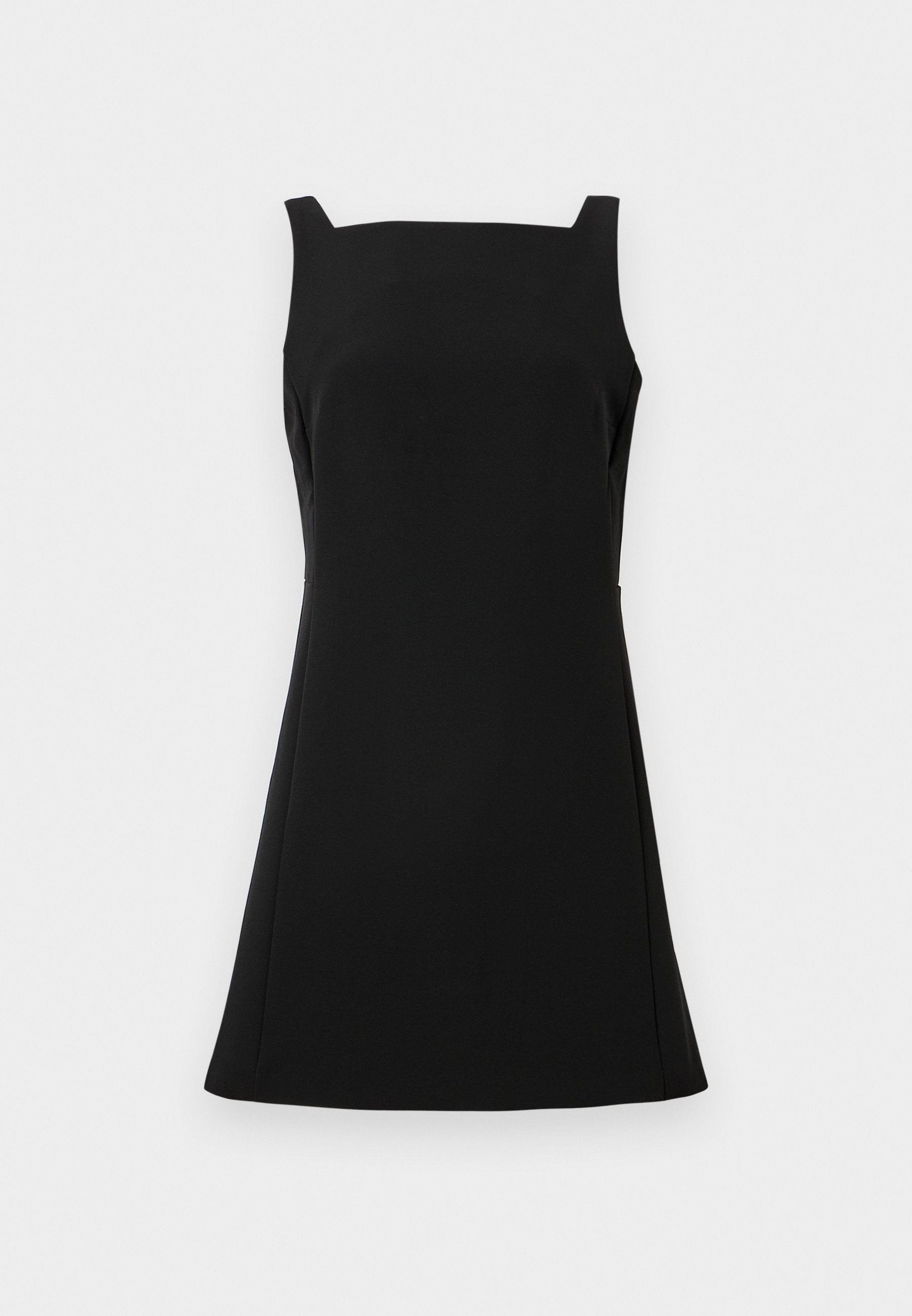 Schwarzes ärmelloses Kleid mit quadratischem Ausschnitt, enganliegendem Oberteil und weit schwingendem Rock. Aus glattem Stoff mit minimalistischem Design gefertigt.