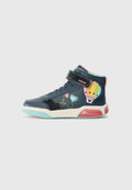 Marineblaue High-Top-Sneaker mit glitzernden Akzenten, bunten Grafiken von Heißluftballons, verstellbarem Riemen und strukturierten Gummisohlen.