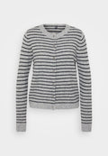 Grauer Cardigan mit schwarzen horizontalen Streifen, runder Ausschnitt und Knopfverschluss. Weicher Stoff mit gerippten Bündchen und Saum.