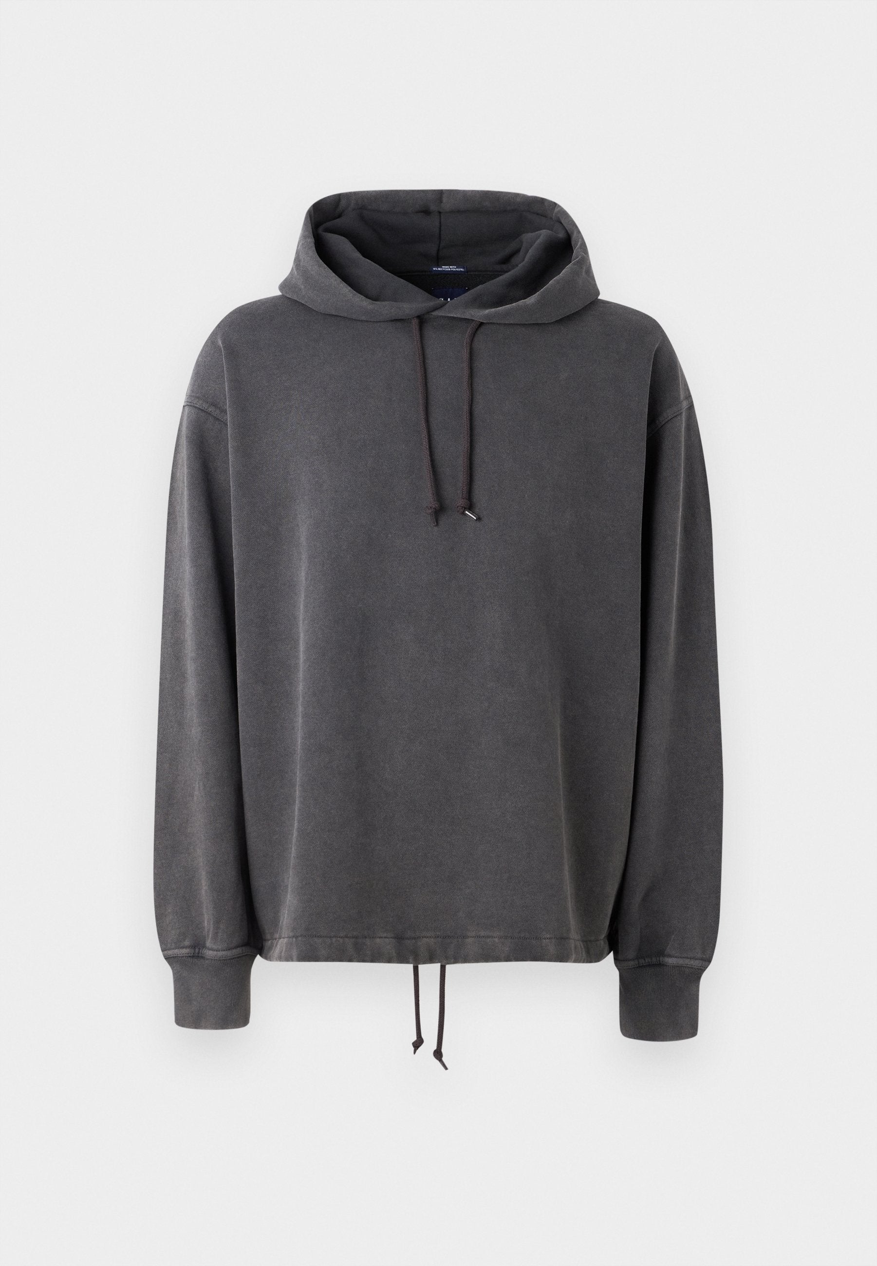 Grauer Hoodie aus weichem Stoff, mit einem Kordelzug-Hood und langen Ärmeln, sowie einem verstellbaren Saum mit Kordel. Glatte Textur und bequemer Schnitt.