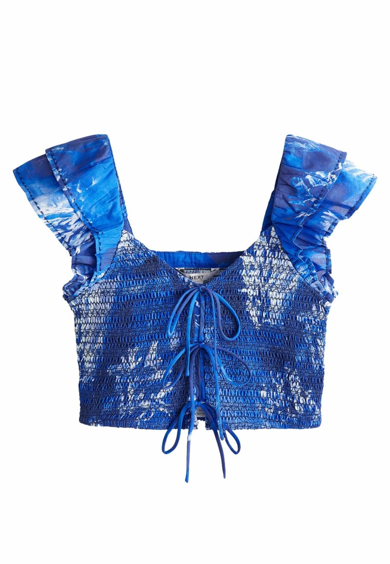 Blaues Crop-Top mit Rüschensäumen, gerüschter Textur und Knoten-Frontdetails. Verfügt über ein Farbverlaufdesign mit helleren blauen Akzenten und weichem Stoff.