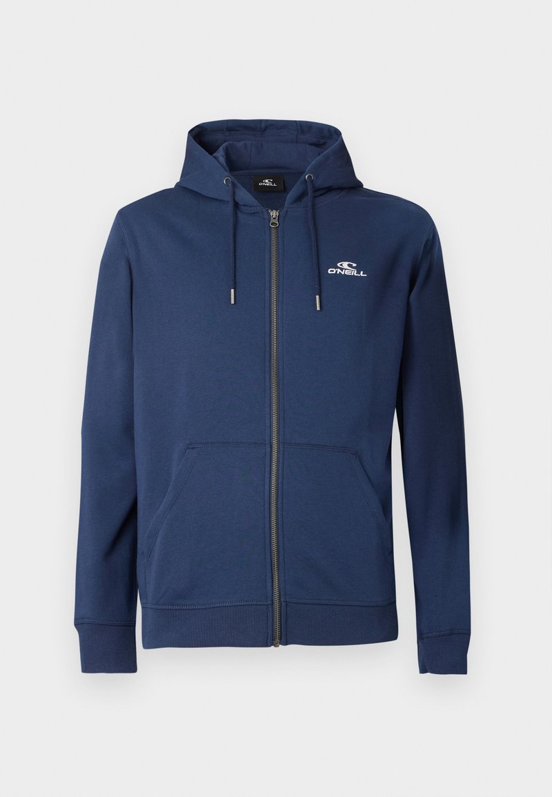 Navyblaue Zip-Hoodie mit Fronttaschen, Kapuze mit Kordelzug und weißem O'Neill-Logo auf der linken Brust.