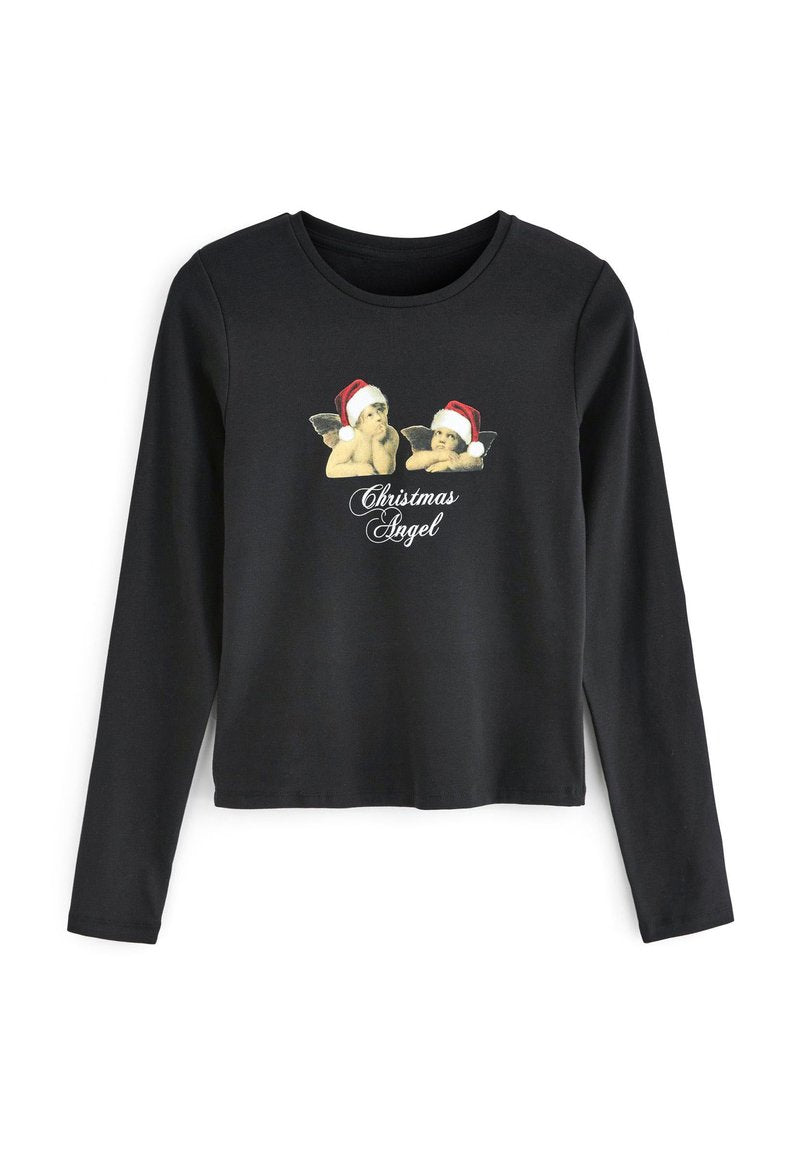 Schwarz, langärmeliges Shirt mit einem Grafikdesign von zwei Engeln, die rot-weiße Weihnachtsmützen tragen, und dem Text "Weihnachtsengel" in Weiß.