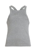 Graues geripptes Tanktop mit tailliertem Design, dünnen Trägern und klassischem Rundhalsausschnitt. Weicher Griff und nahtlose Verarbeitung.