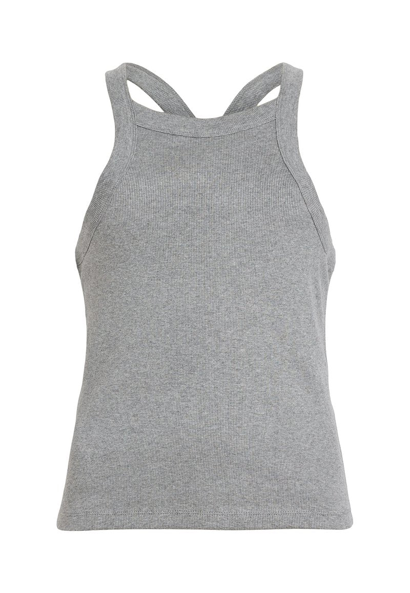 Graues geripptes Tanktop mit tailliertem Design, dünnen Trägern und klassischem Rundhalsausschnitt. Weicher Griff und nahtlose Verarbeitung.