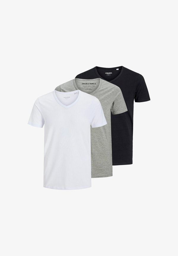Jack & Jones 3 PACK - Basic T-shirt - weiß/schwarz/hellgrau