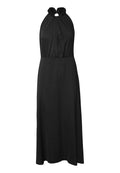 Schwarzes Halfterkleid mit gefalteter Gestaltung und einem kreisförmigen Ausschnitt am Hals. Glattes Material und bodenlanger Rock.
