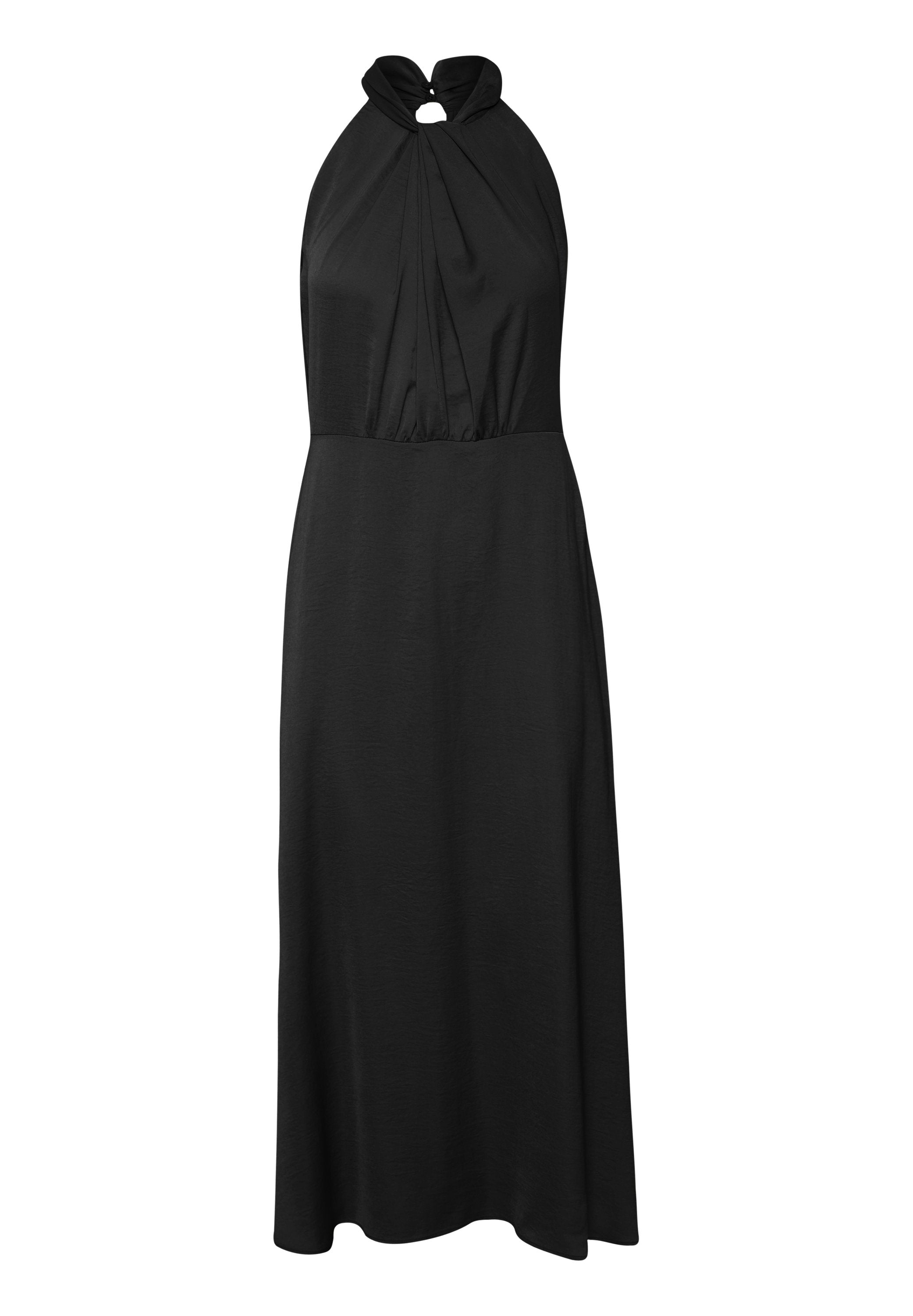Schwarzes Halfterkleid mit gefalteter Gestaltung und einem kreisförmigen Ausschnitt am Hals. Glattes Material und bodenlanger Rock.
