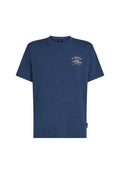 Marineblaues T-Shirt aus Baumwolle mit Rundhalsausschnitt, kurzen Ärmeln und weißem Grafikdruck auf der Brust. Verfügt über ein kleines Logoetikett am Saum.