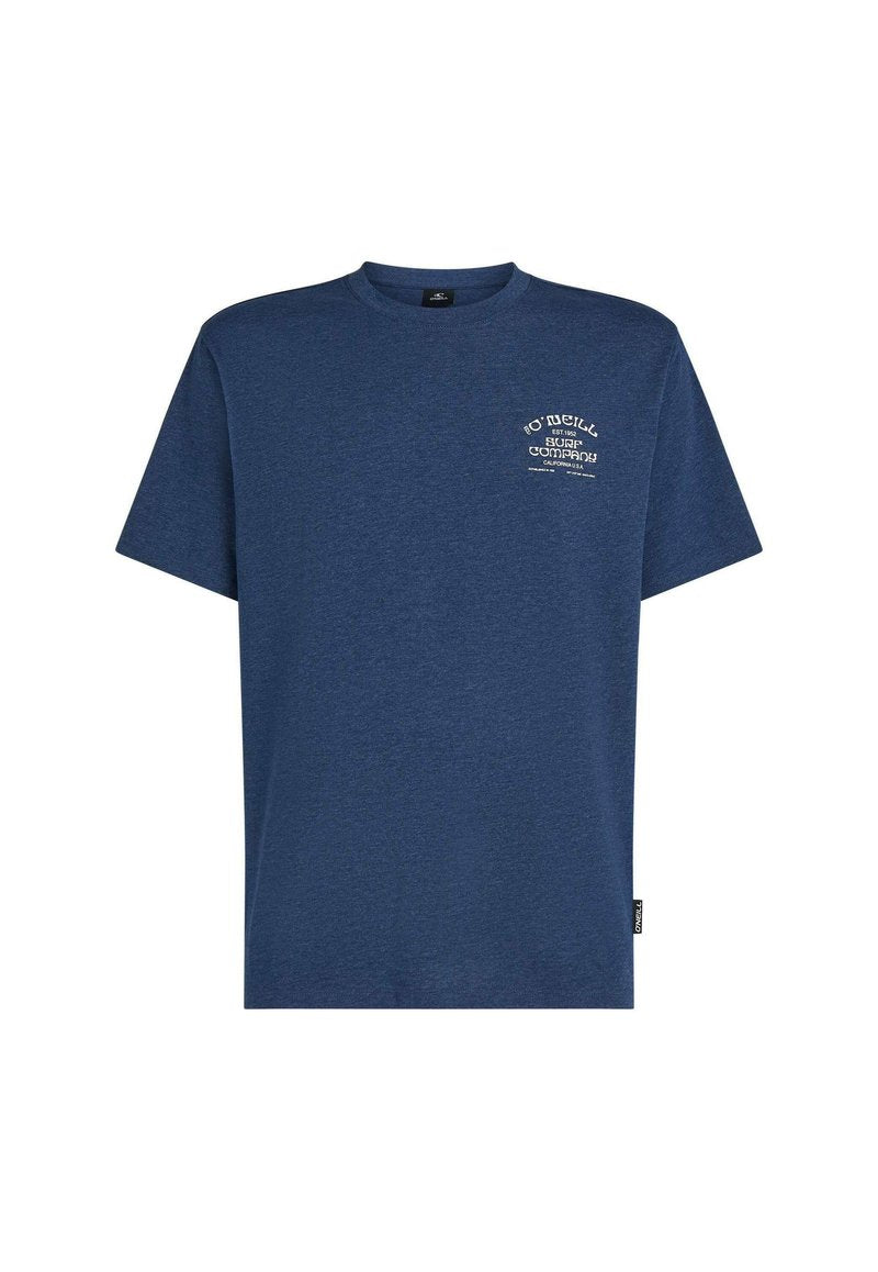 Marineblaues T-Shirt aus Baumwolle mit Rundhalsausschnitt, kurzen Ärmeln und weißem Grafikdruck auf der Brust. Verfügt über ein kleines Logoetikett am Saum.