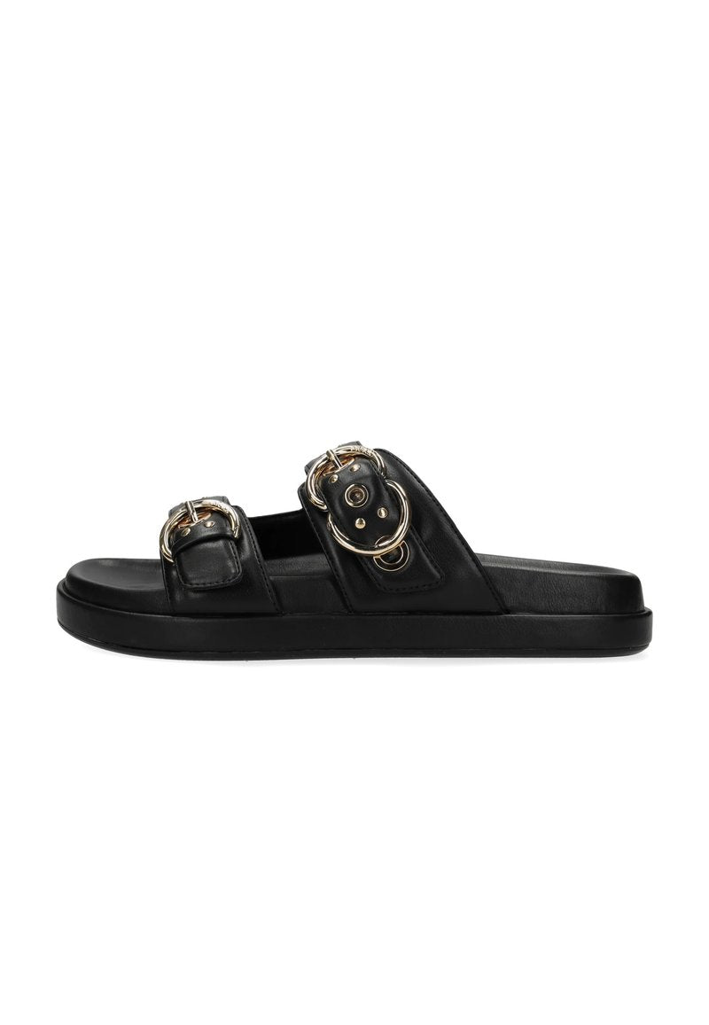 Schwarze Ledersandalen mit zwei Schnallenriemen, die goldene Akzente aufweisen, einer flachen Sohle und einer glatten Textur. Modernes, offenes Zehendesign.
