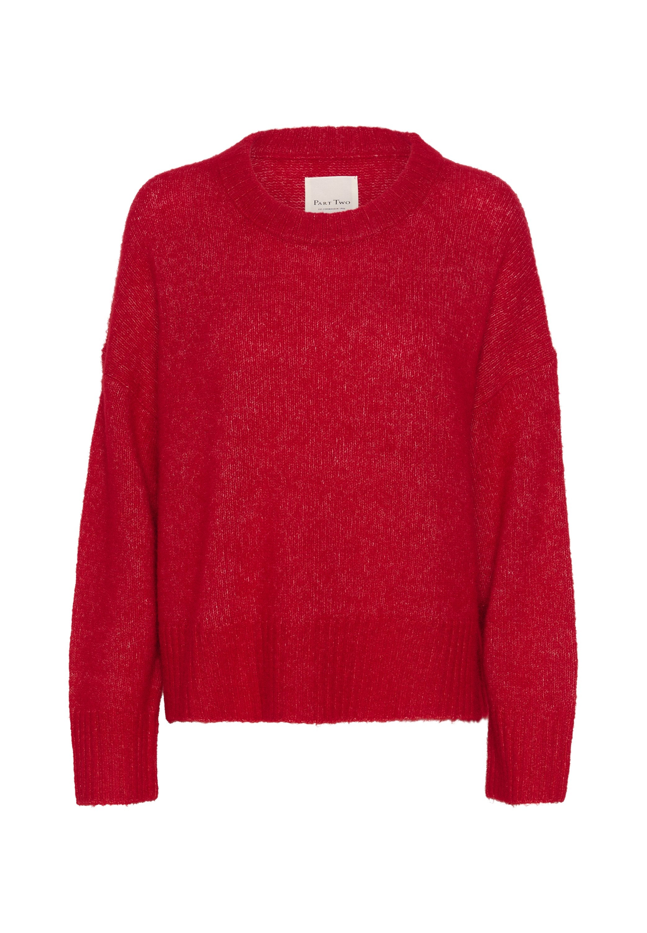 Roten gestrickten Pullover mit rundem Ausschnitt, überschnittenen Schultern, geripptem Saum und weicher Textur, der eine lockere Passform und ein leichtes, luftiges Aussehen bietet.