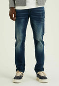 Dunkelblaue Jeans aus Denim mit schmalem Schnitt, mit einem verwaschenen Design, dezenten Wischungen an den Oberschenkeln und einem klassischen Fünf-Taschen-Stil.