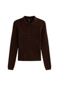 Brauner Poloshirt-Pullover, gerippte Textur, lange Ärmel, Knopfleiste, Kragen-Design, einfarbig, cropped Länge, lässiger Stil.