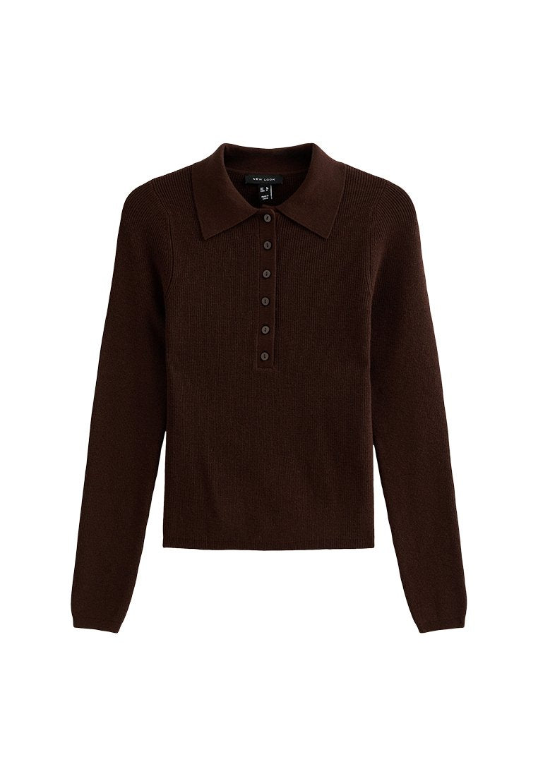 Brauner Poloshirt-Pullover, gerippte Textur, lange Ärmel, Knopfleiste, Kragen-Design, einfarbig, cropped Länge, lässiger Stil.