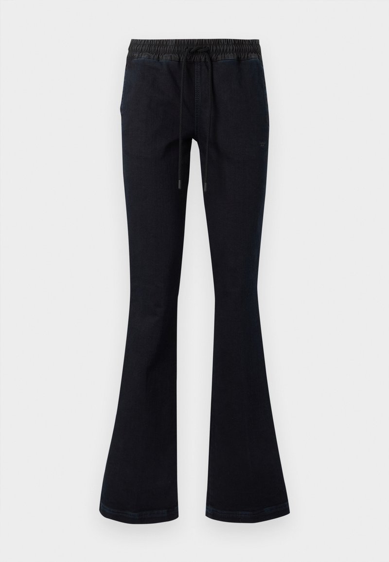 Dunkelblaue Schlagjeans mit elastischem Bund und schwarzem Kordelzug, vor einem schlichten weißen Hintergrund präsentiert.