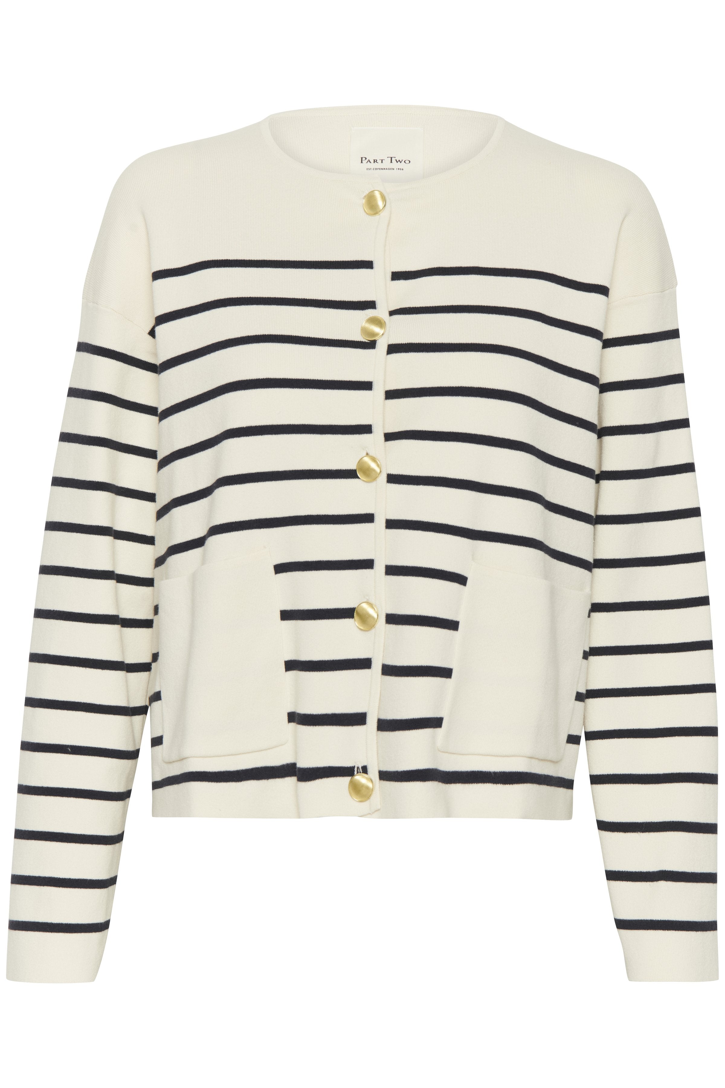 Gestreifter Cardigan in Creme mit marineblauen Linien, aus weichem Material, mit goldenen Knöpfen, zwei vorderen Taschen und rundem Halsausschnitt.