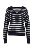 Marineblau-weißer gestreifter Pullover mit V-Ausschnitt, langen Ärmeln und einer lässigen Passform. Hergestellt aus weichem, strukturiertem Strickmaterial.